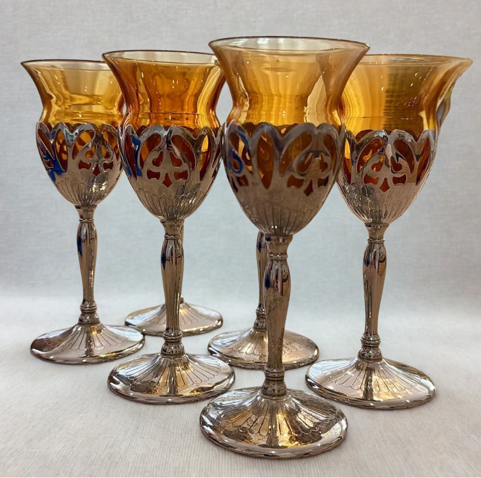 6 Amber Glasses Silver Stem