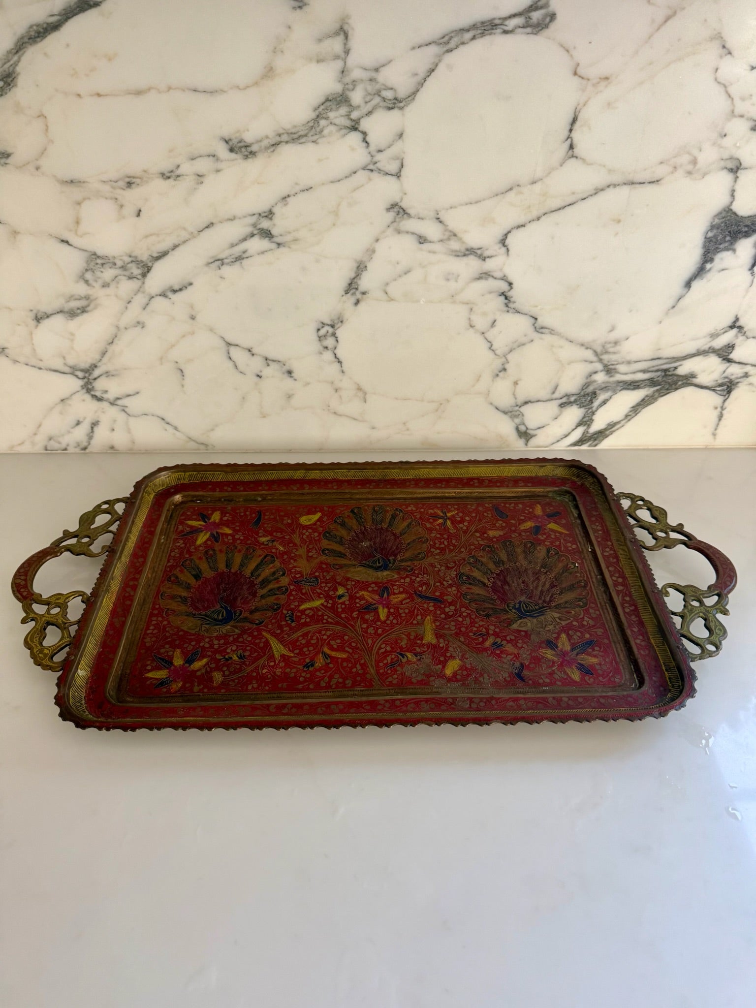 Peacock Brass-Handled Tray